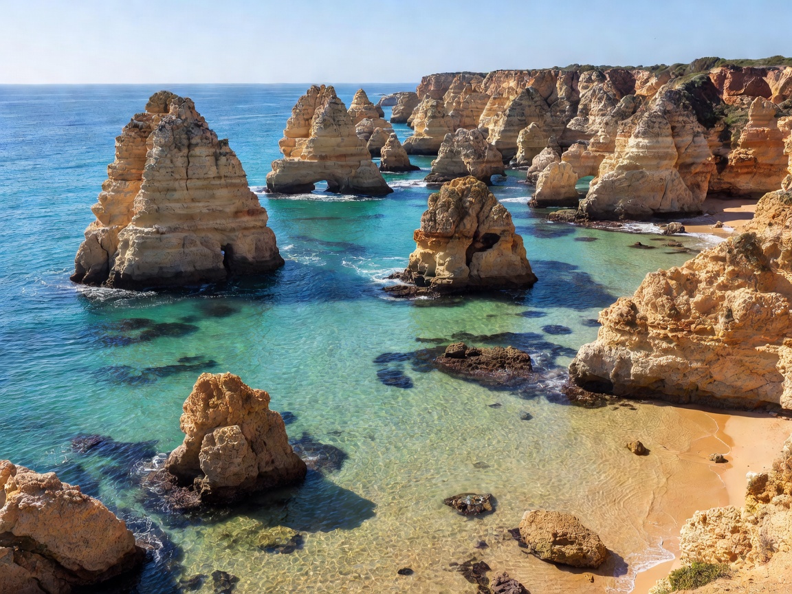 Majestic golden sea arches and limestone ocean cliffs of Ponta da Piedade Algarve