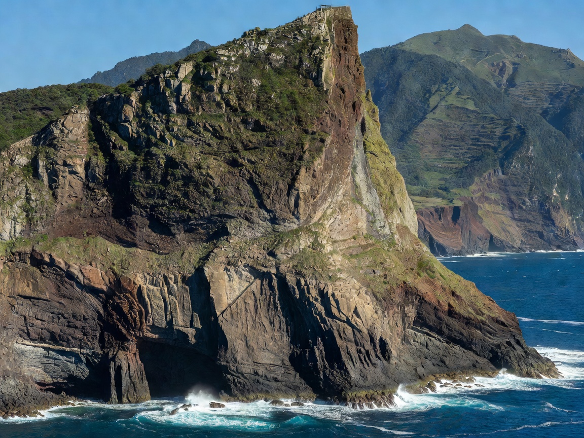 Sheer sea cliffs dropping vertically into ocean waves at Cabo Girao Madeira