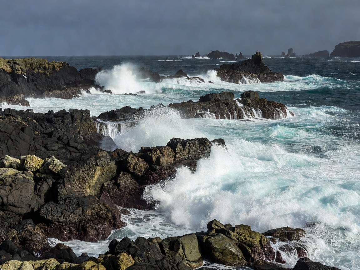 Craggy volcanic rocks and ocean waves in the Azores São Miguel island