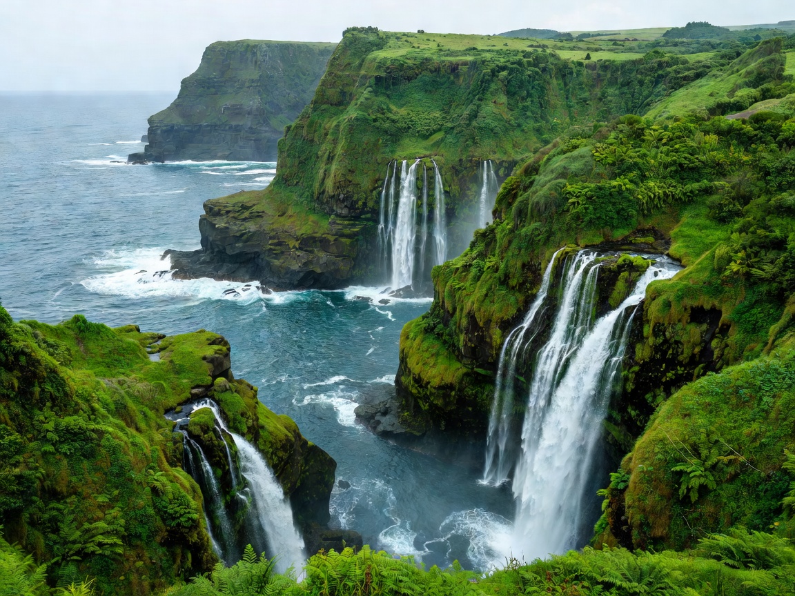 Lush green cliffs and cascading waterfalls plunging into the ocean at Flores Island Azores